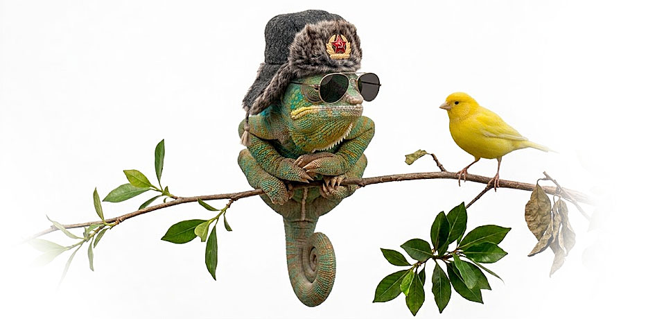 ChaVPN illustration: chameleon and canary on a branch — warrant canary symbol